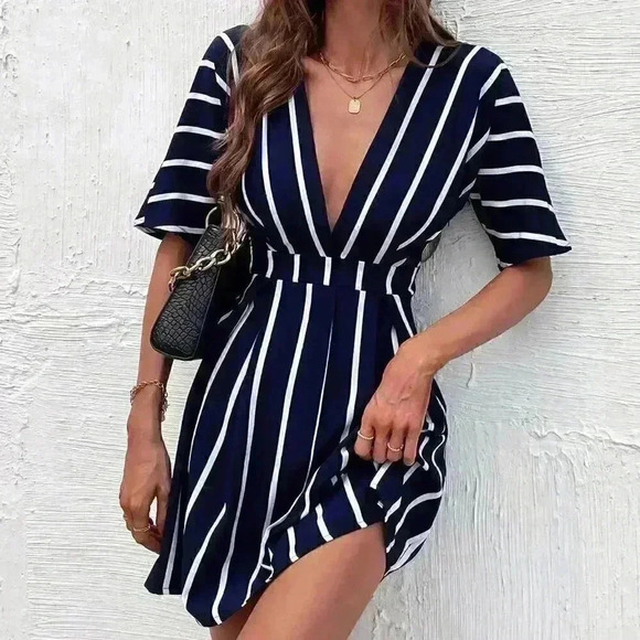Navy Blue Casual Women's Striped Plunging Neck Fold Pleated Detail Dress - Picture 1 of 5